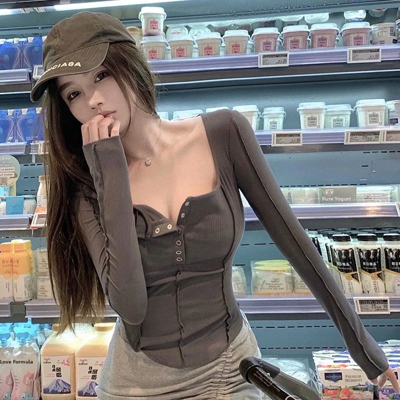 

Cleanfit Long Sve Square Collar American Sle Base Tee Women's Spring Autumn Top Faion Design Pure Desire