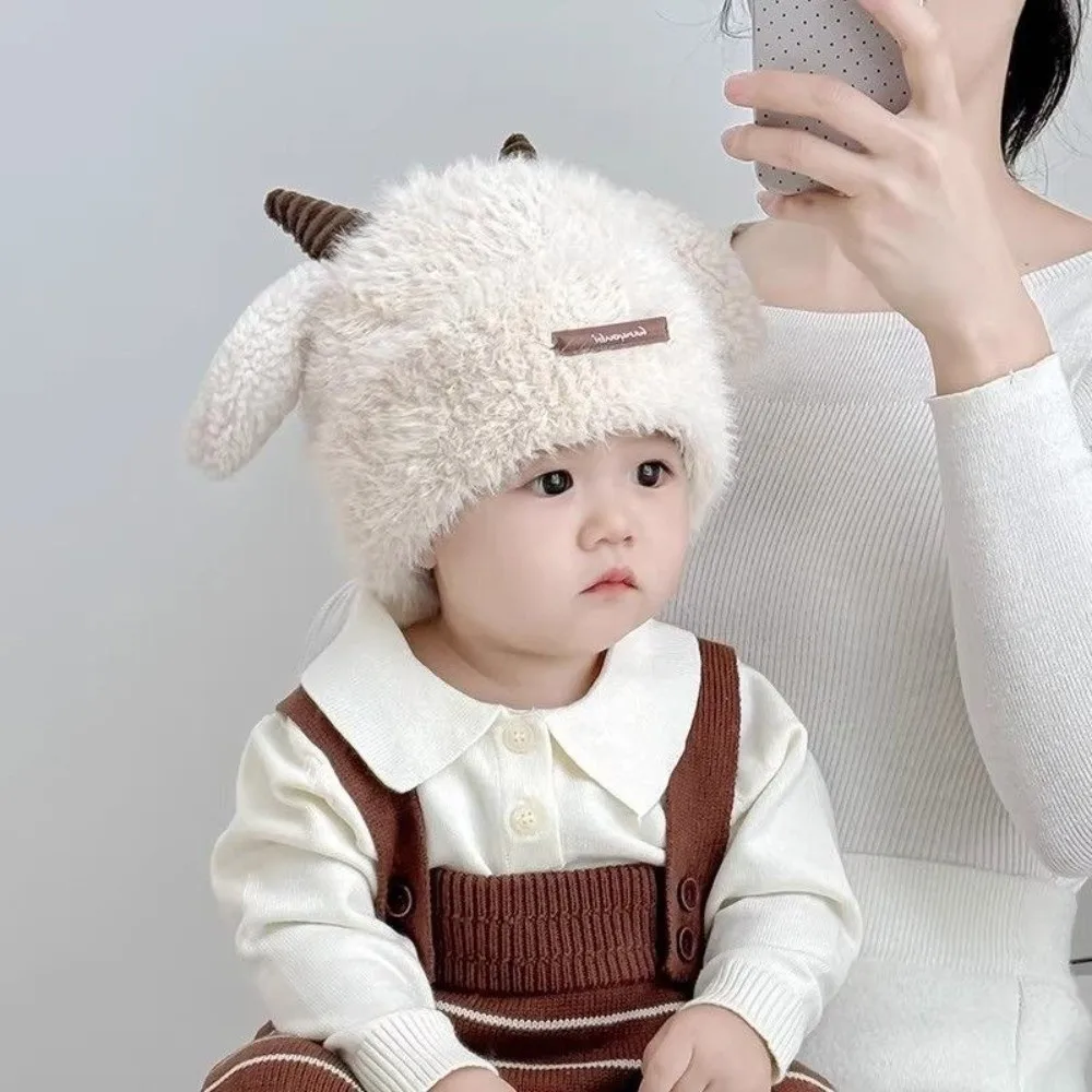 

Cute Sheep Horn Hat Warm Windproof Round Top Cap Adjustable Kids Winter Cap Winter