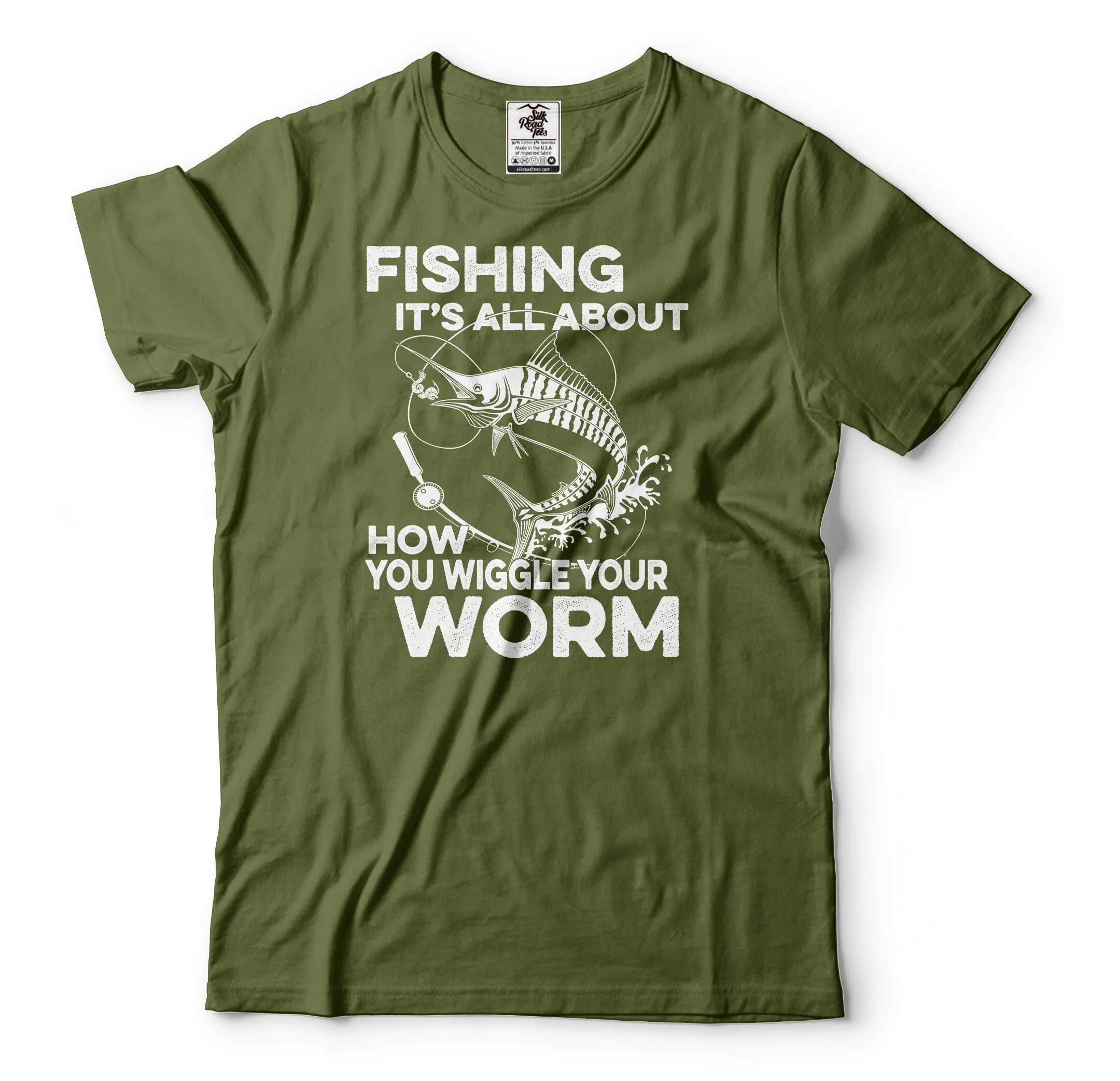 Mens Fishing T Shirt It'S All About How You Wiggle Your Worm Funny Fathers Day Fisherman