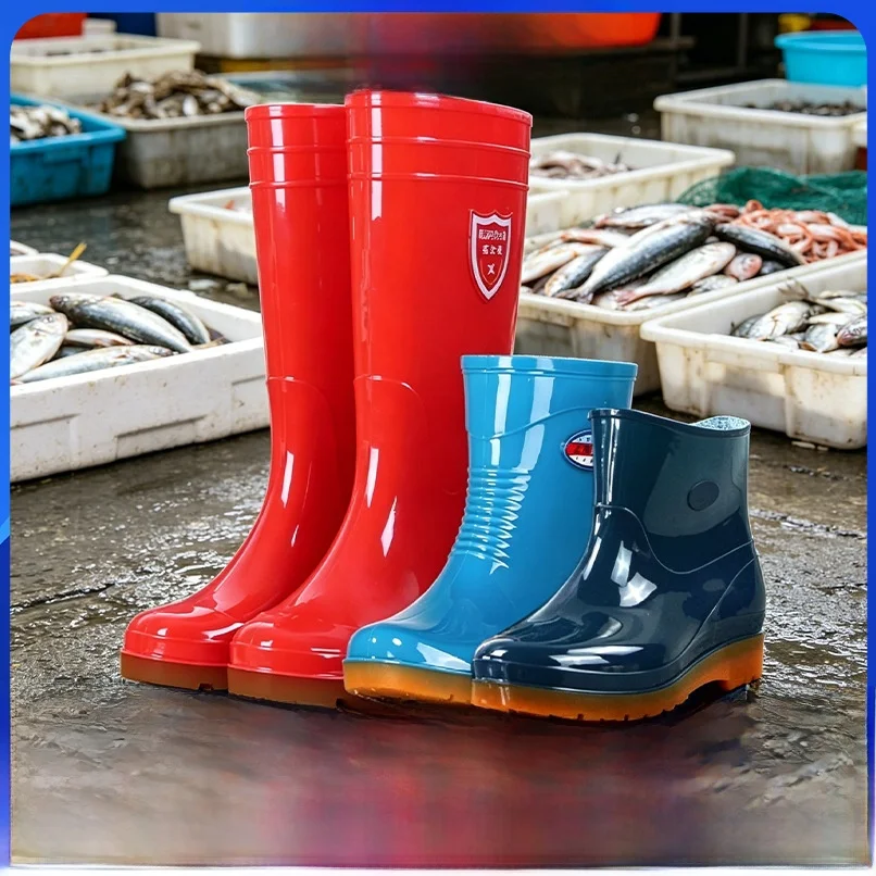 

Fashionable PVC Ladies Rain Boots Winter Warm Cotton Cover Fleece Work Kitchen Rain Shoes Low mid High Calf EVA Material