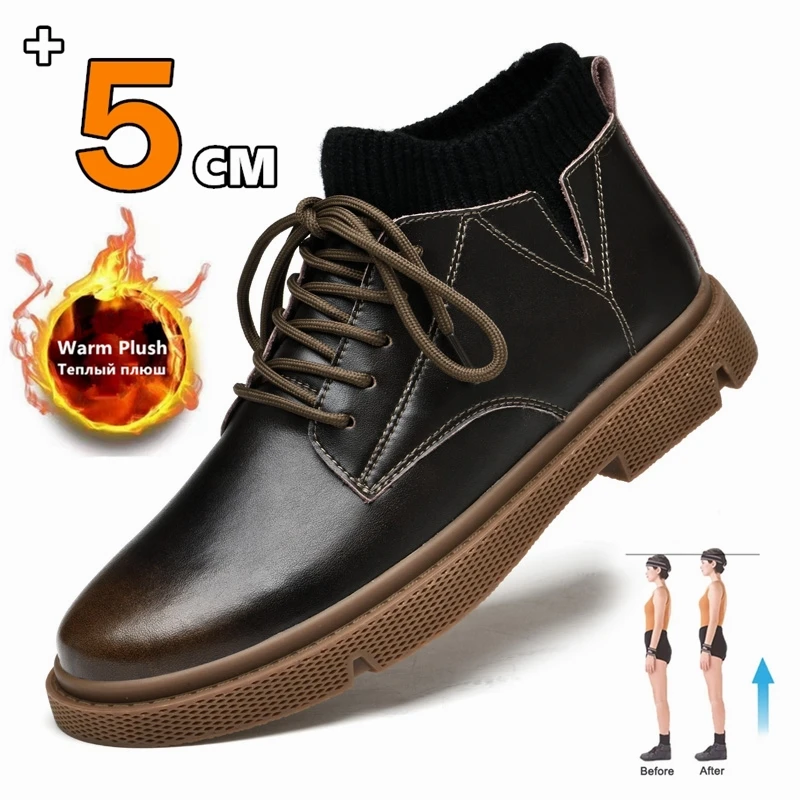 

Men Elevator Boots Genuine Leather Sock Shoes Height Increase Ankle Boots Winter Warm Casual Shoes Insole 5CM Wedding Formal