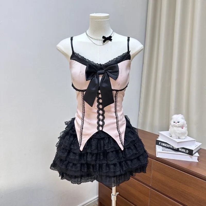 Darkly Series Gothic Girl Design Sweet Vintage Pink Bow Top Unique Short Skirt Sets Black Lace Cake Dress 3 Piece Sets Female view 3