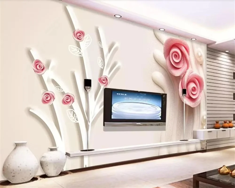 Custom wallpaper 3d photo mural pink rose stereo branches pearl jewelry background wall Relief Stereo Plum Blossom House murals