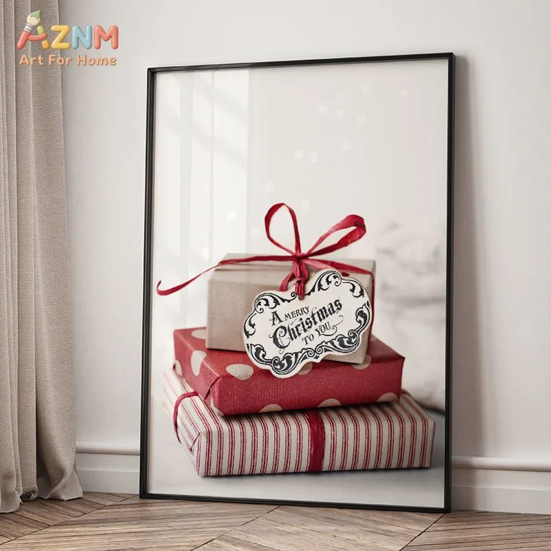 AZNM Vintage Christmas Santa Claus Gift Candy Cane Snowy Pine Tree Porch Scene Canvas Wall Art Xmas Home Indoor Decor Unframed C - view 2