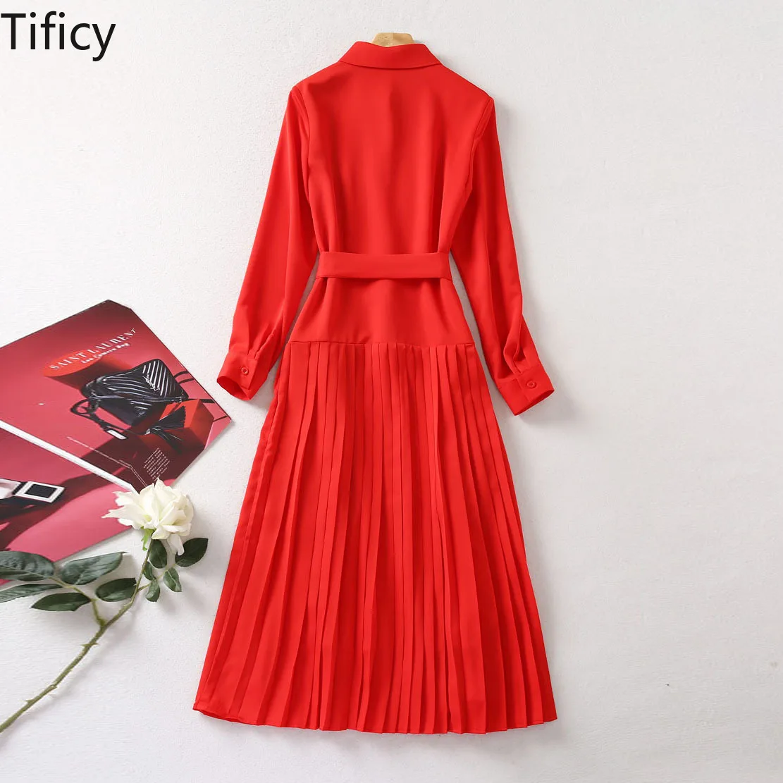 Star Same Style  2024 Autumn New Women Lapel Neck Long Sleeve Hem Pleated Double Diagonal Bag Long Red Dress