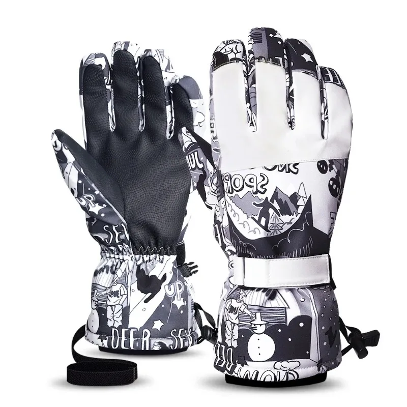 Guantes de esquí impermeables para hombre y mujer, manoplas de invierno con relleno de algodón cálido para esquí, Snowboard, ciclismo, deportes al aire libre, pantalla táctil, blanco y negro