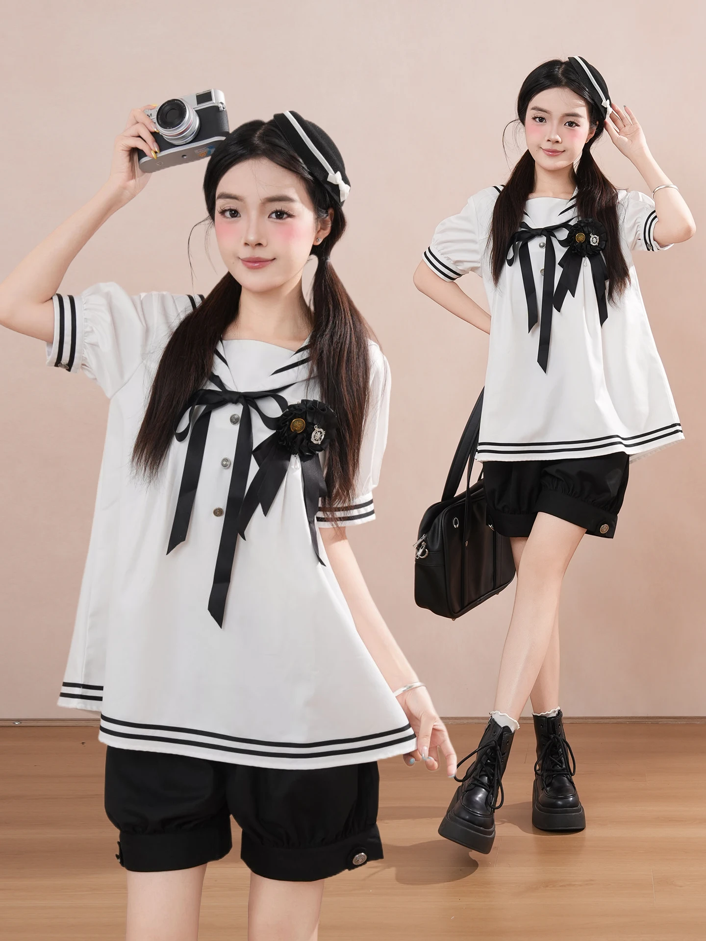 Forest Japanese College Style Navy Collar Black White Sailor Suit Set Women Summer Loose Teenage Two Piece Set Bubble Sl...