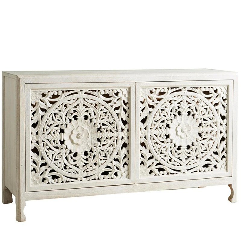 

White side cabinet full solid wood carving flower hollowed out retro nostalgic log high-end