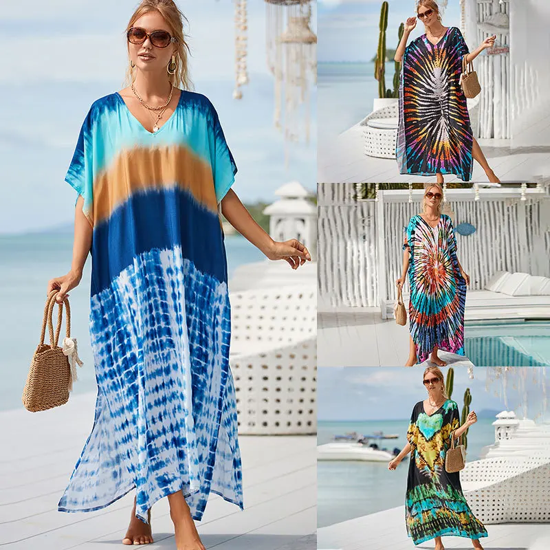 

Boho Print Plus-Size Kaftan Bikini Cover-ups Casual V-neck Maxi Dress Women Beach Wear Swimsuit Cover Ups Robe De Plage