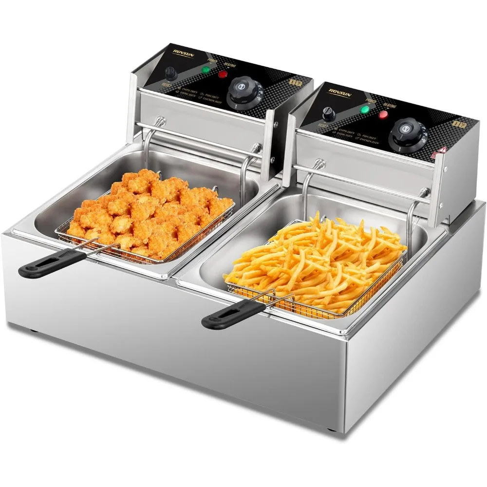 

22.8 Quart Commercial Deep Fryer with Baskets and Lids, 21.8 Liter Stainless Steel Electric Double Fryer for Countertop Kitchen