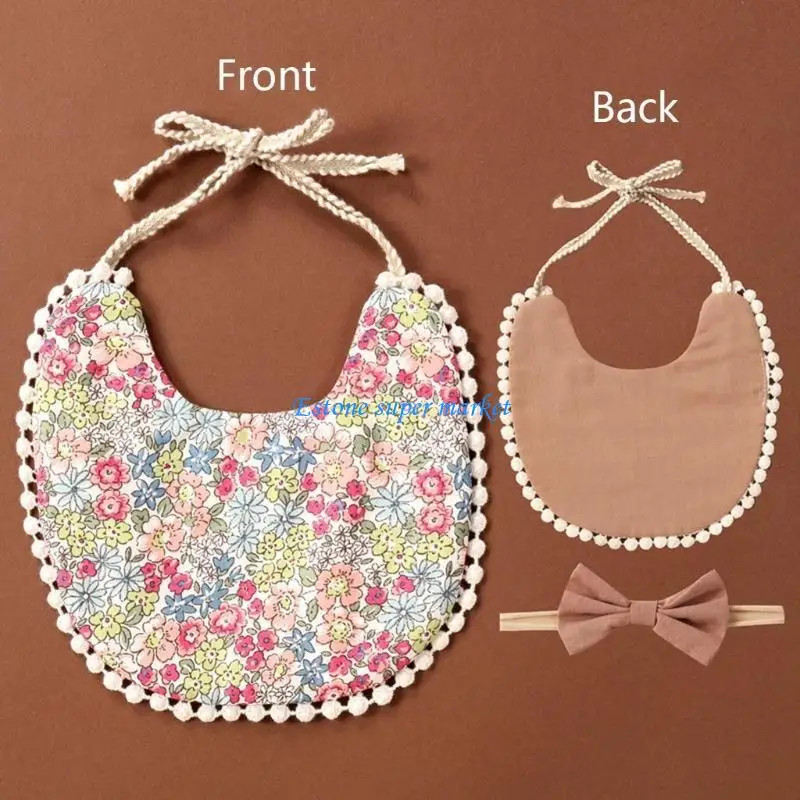 

090B Baby Cotton Linen Printing Bowknot Headband Bibs Set Double Sided Saliva Towel