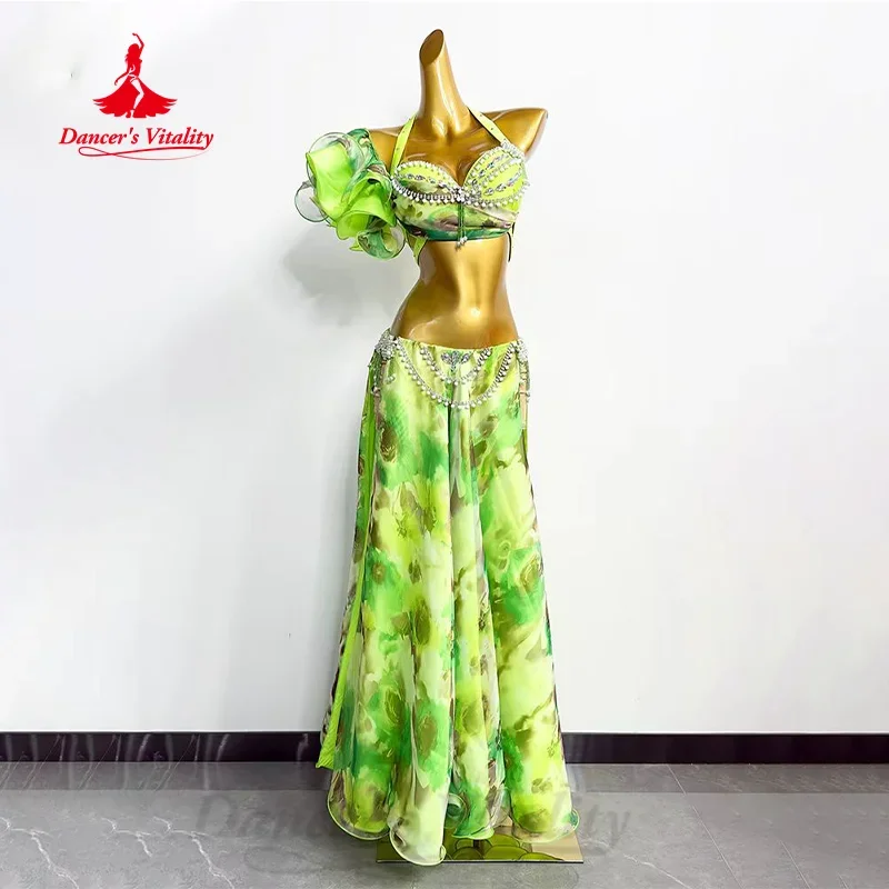 

BellyDance Costume Women Customized Senior AB Stones Printed Chiffon Set Oriental Belly Dancing Professional Performance Outfit