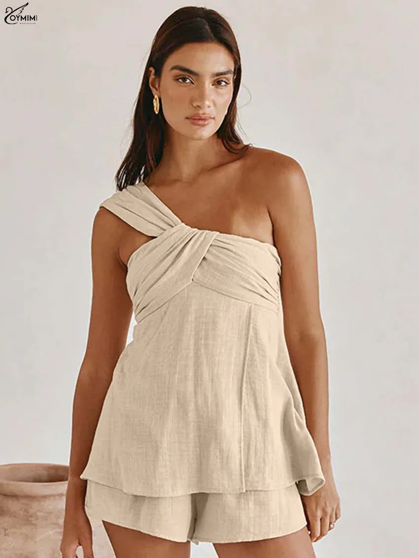 

Oymimi элегантные хлопковые комплекты из двух предметов цвета хаки, женские модные блузки без рукавов на одно плечо и шорты на шнурке, комплекты