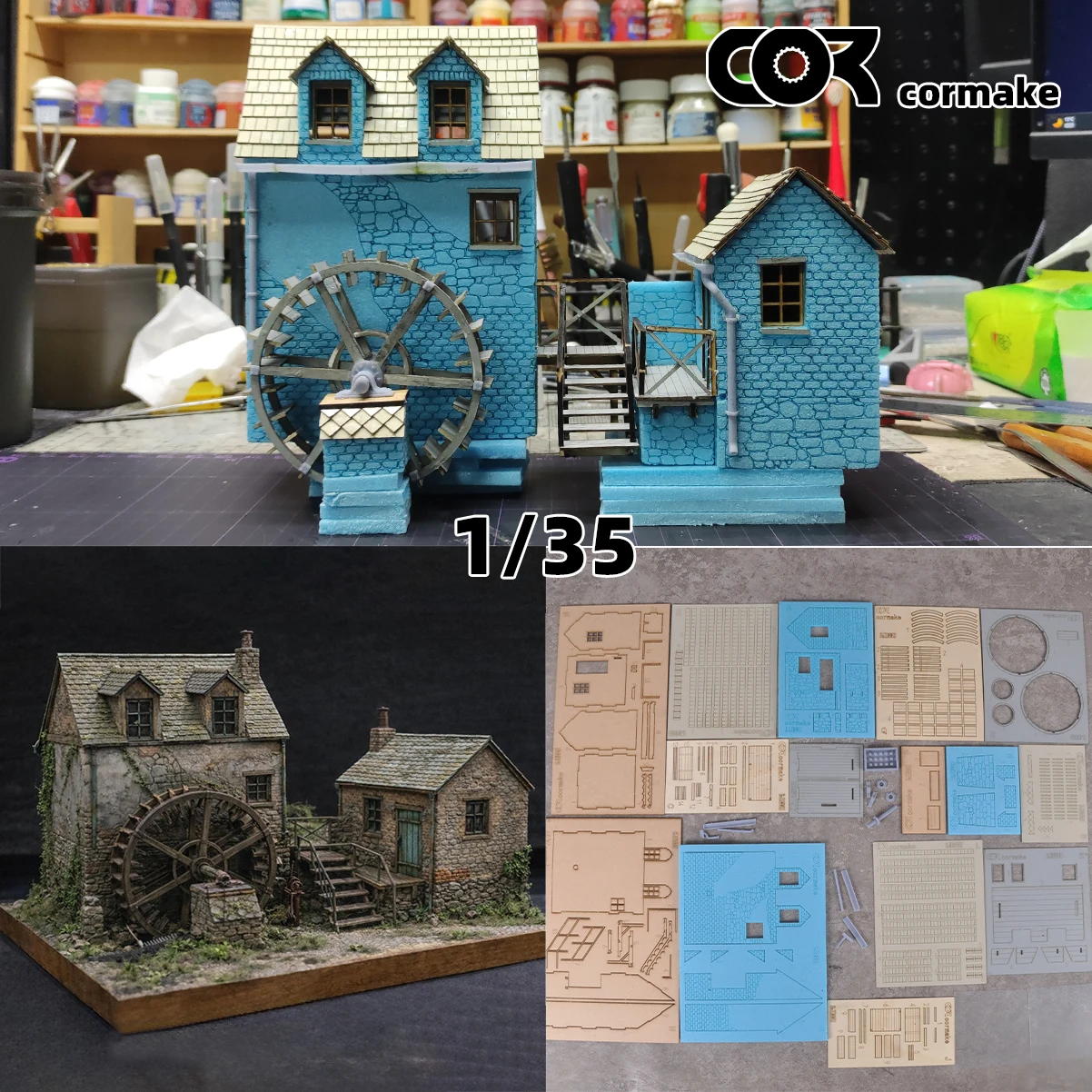 Miniatura arquitetônica de edifício, arquitetura europeia, moinho de água rural, casa vernacular, diorama, kit de modelo em escala 1/35