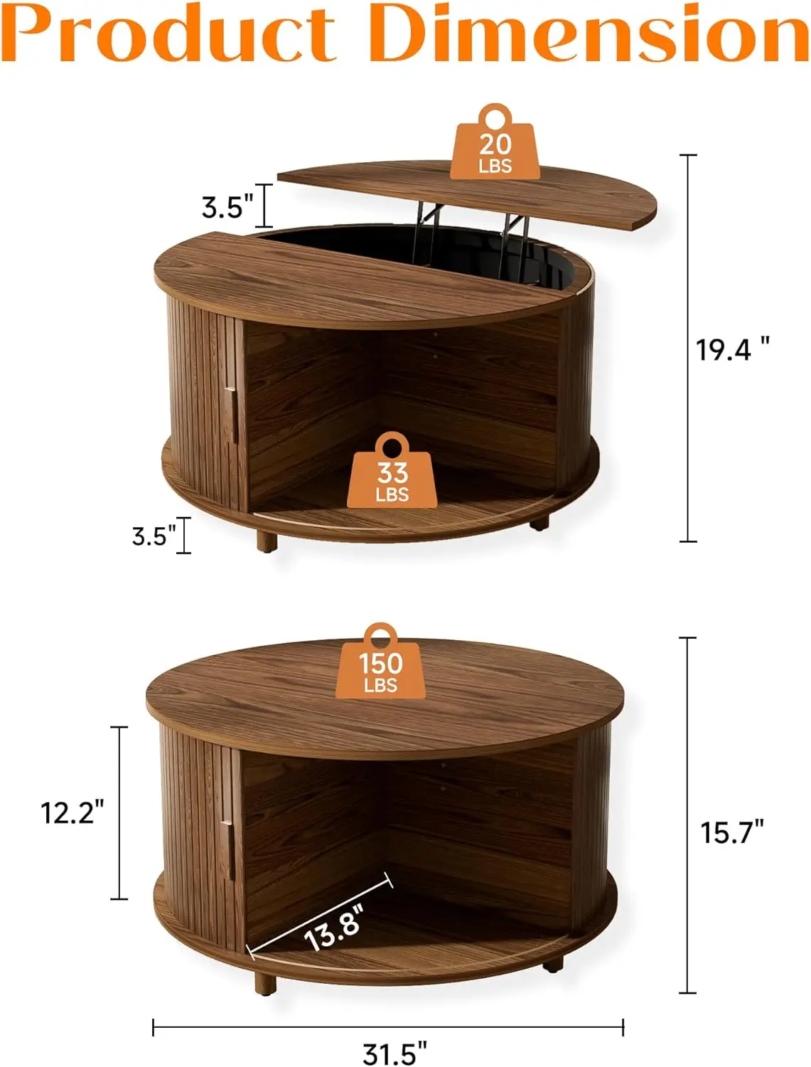 Round Lift Top Coffee Table with Storage, Mid Century Modern Center Table with 180° Sliding Tambour Door, Small Circle Wood Flut