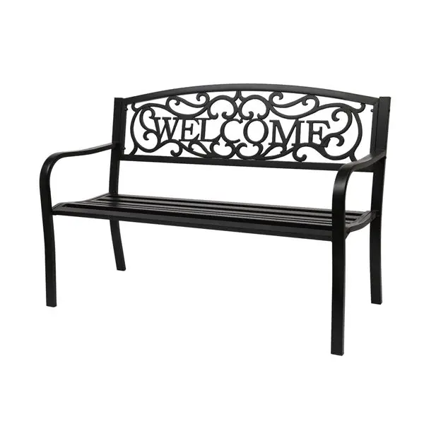 

50" Outdoor Welcome Bench with Backrest, Durable Cast Iron & PVC Construction