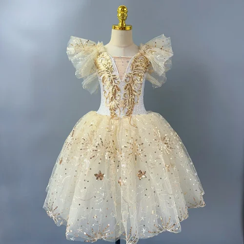 Vestido romántico de tutú de Ballet para niños, falda de baile para niña, falda de Ballet con lentejuelas doradas, ropa de actuación de Ballet, vestido largo de princesa