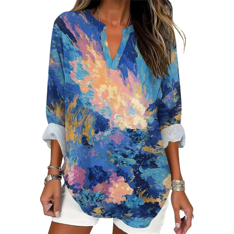 

Women's Shirts Summer Beach Gradient Pattern Tops V-Neck Fashion Women's Vintage Clothing Floral Print Loose Large Shirts