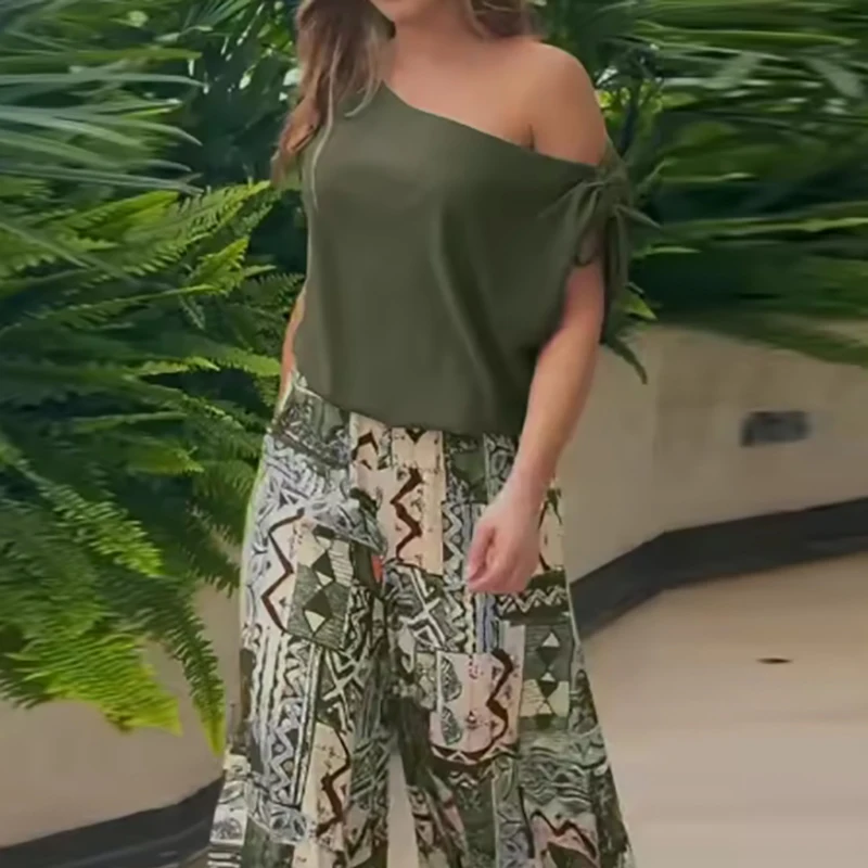 Zomer Dame Nieuwe Losse Geplooide Vakantie Outfits Sexy Slash Kraag Tops & Gedrukt Broek Sets Casual Dames Pendelen Tweedelige sets