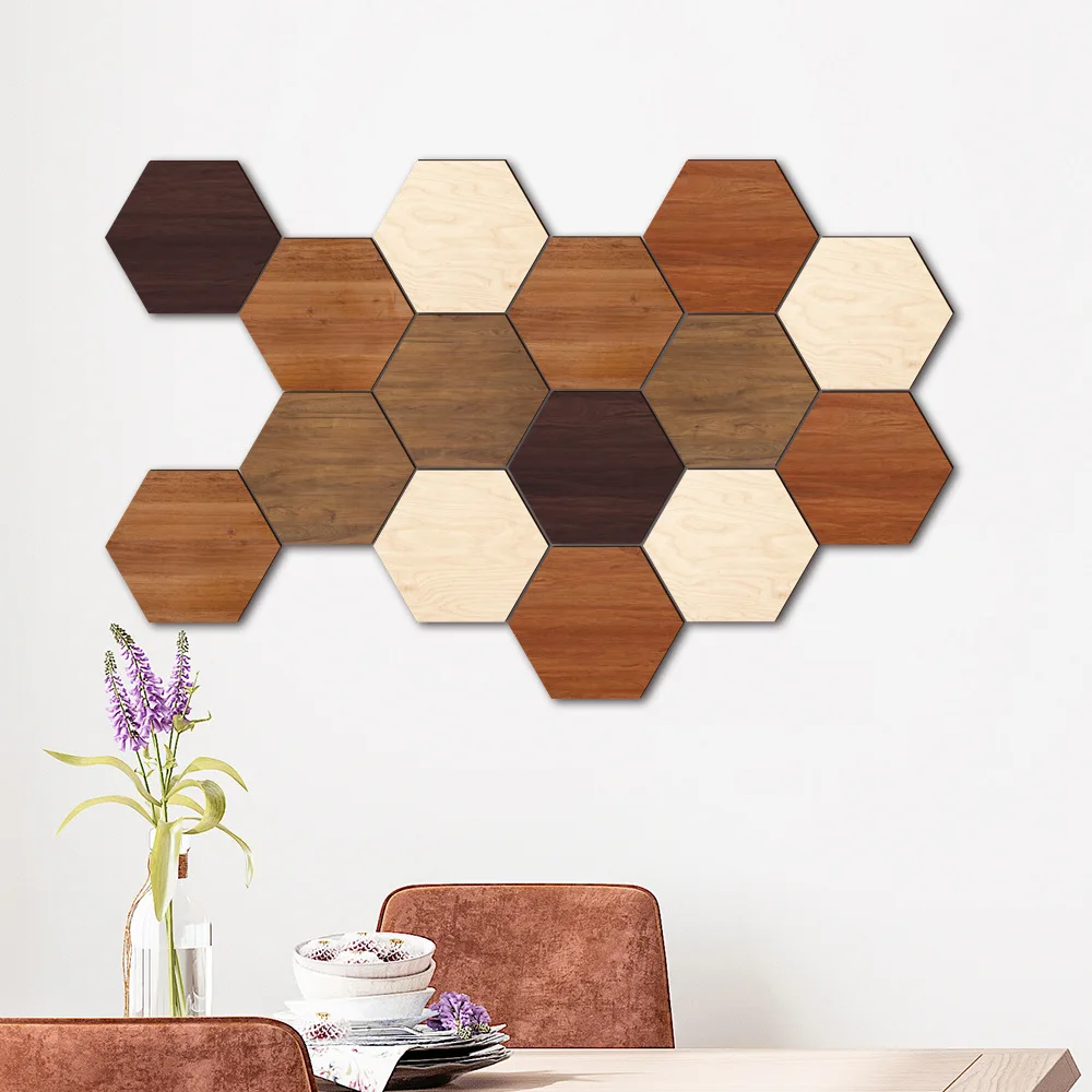 Creative Three-dimensional Combination Hexagonal Wooden UV-printed Wall Stickers for Home Background Wall Decoration