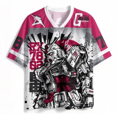 Anime Gundam RX-78-2 Mobile Warrior V-neck Mesh Breathable Speed Drying Pink Splicing Street Style Mech Pattern Sports Top