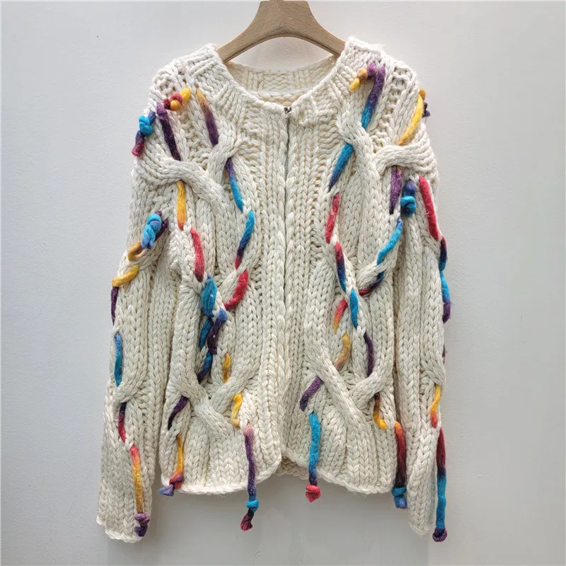 

SuperAen Retro O-neck Colorful Tassel Twist Knitted Cardigan Sweater Jacket for Women Autumn and Winter Fashion Casual Sweaters