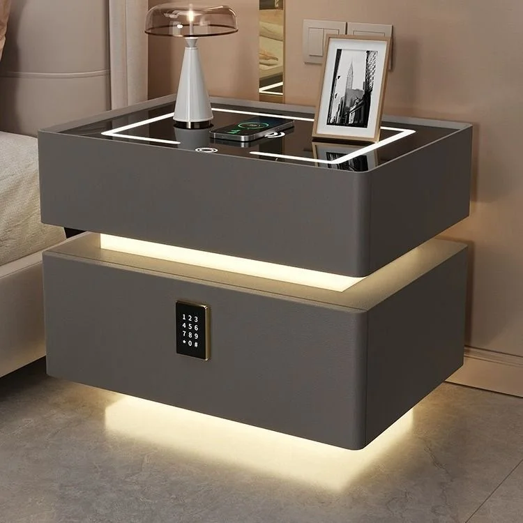 

￥%Contemporary Luxury Bedside Table with Light Wireless Charger Drawer Leather Bedroom Furniture Minimalist Nightstand Floating