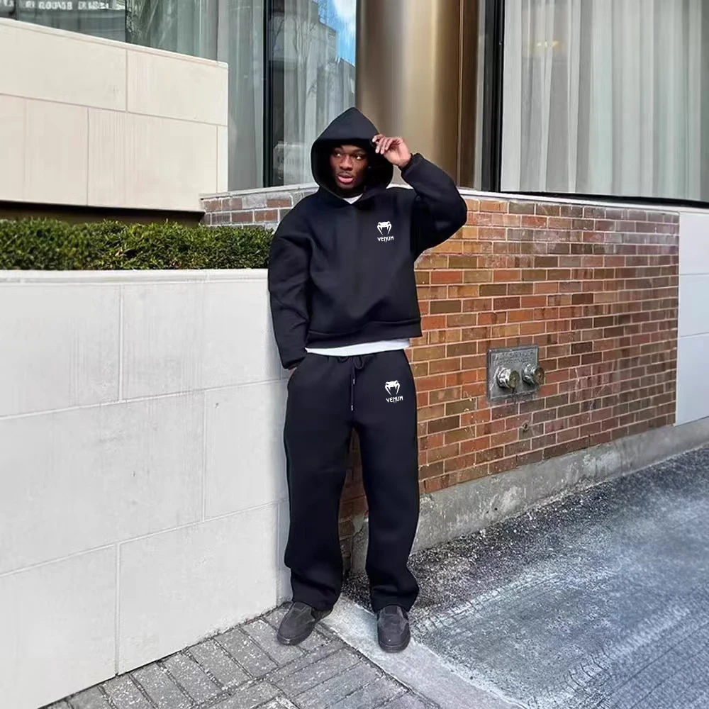 سويت شيرت رجالي كبير الحجم بلون سادة، سويت شيرت Y2K عالي الجودة مكون من قطعتين، بنطال كاجوال مستقيم الساق، ملابس خروج للزوجين