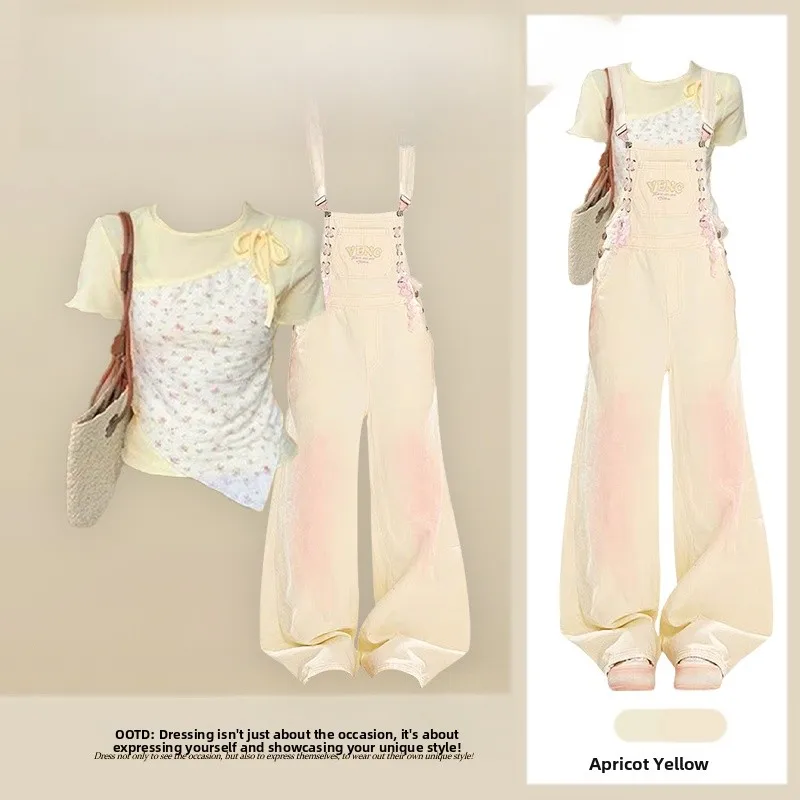 

Korean Floral Splicing Fake Two-Piece Short Sleeve T-Shirt Women's Summer New Dopaamine Gradient Denim Overalls Set round Neck