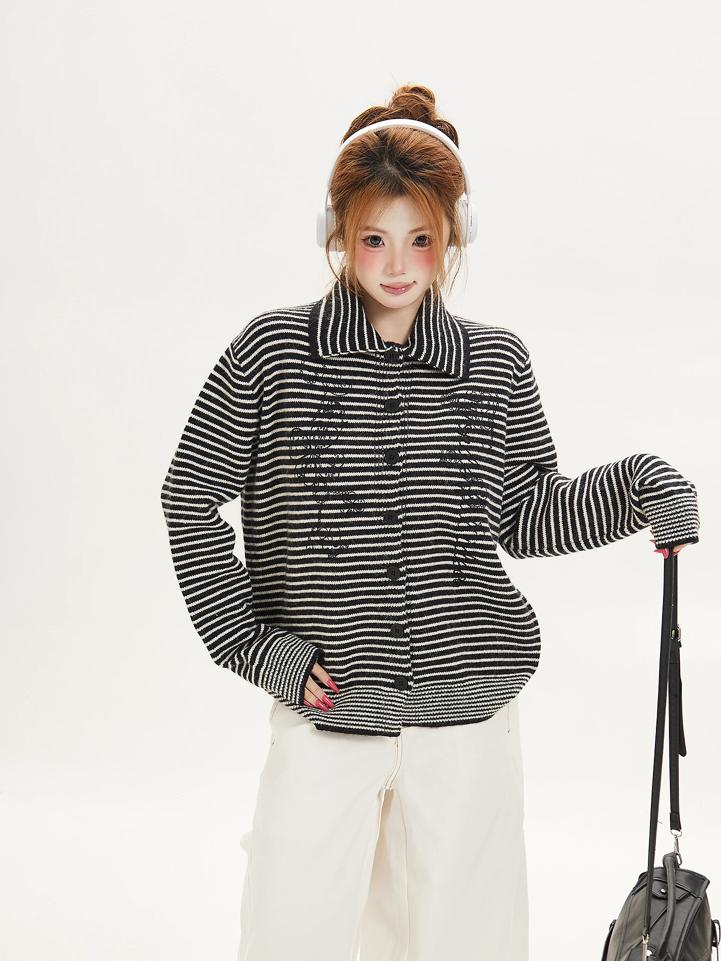 American Retro Striped  Collar Knitwear Women's Open Cardigan Lazy Style Design Trendy Outerwear Spring Autumn Winter
