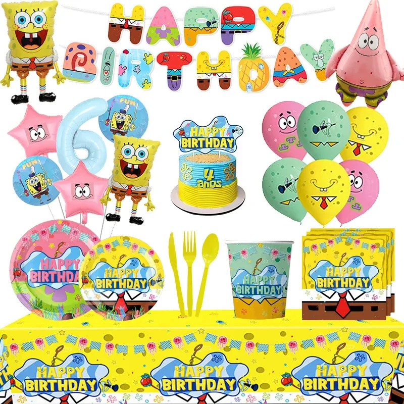 Decoración de fiesta de cumpleaños de Bob Esponja, globo de Bob Esponja, vajilla desechable, plato, servilleta, telón de fondo para suministros de fiesta para niños