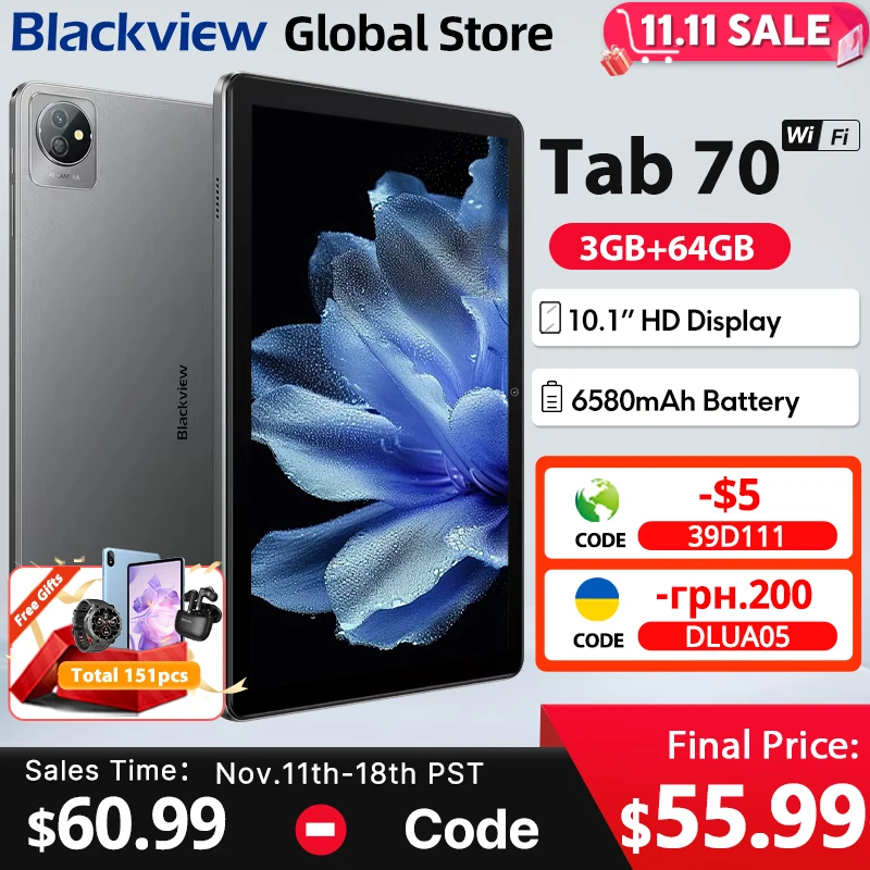 Blackview Tab 70 WIFI Tablet 10.1-inch HD+ Display 3GB 64GB 2.4G/5G WIFI6 6580mAh Battery Android 13 tablets PC