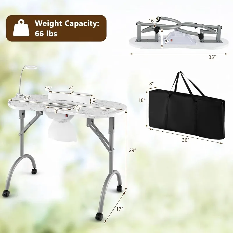 35-inch Portable Nail Desk, Foldable Manicure Table with Dust Collector, Bendable LED Table Lamp, Carry Bag, 4 Lockable Wheels