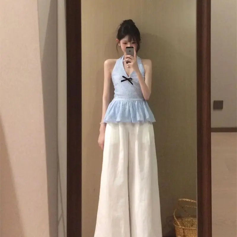 2026 Sweet Polka Dot Bow V-neck Strap Backless Shirt Summer New Vacation Waist Cinching Versatile Flower Bud Top