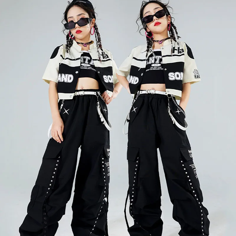 New Jazz Dance Clothing Girls Black Casual Pants Children Kpop Hip Hop Costume Catwalk Drum Stage Performance Outfits YS5406