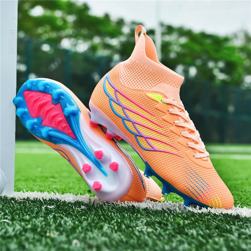 A pair of youth breathable high ankle FG cleats, shock cushioned sole, wear-resistant studs for outdoor lawn practice WJ-1218