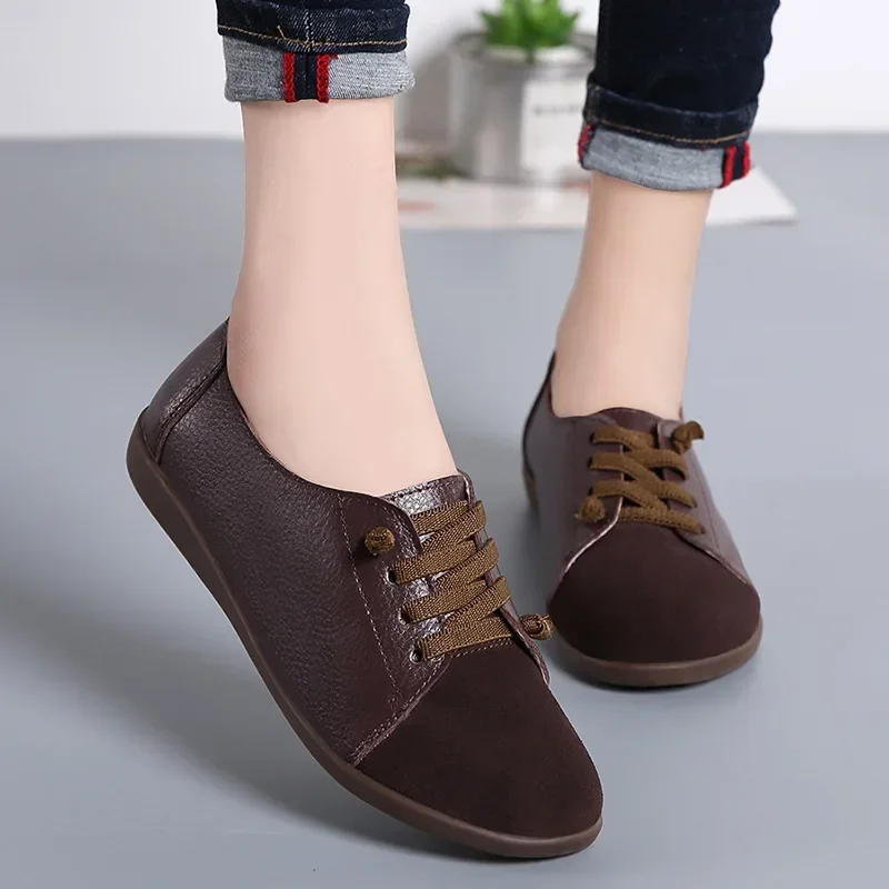 Leather Shoes Woman Spring Ladies Shoes Non-slip Flats Lace Up Sneakers Women Oxford  Plus Size Moccains ladies