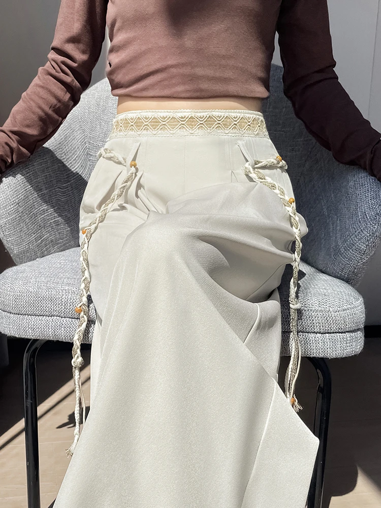 

Elegant Embroidered Wide Leg Pants Women's Summer Style High Waist Trousers Loose Casual Straight Floor-Length Suit Pants