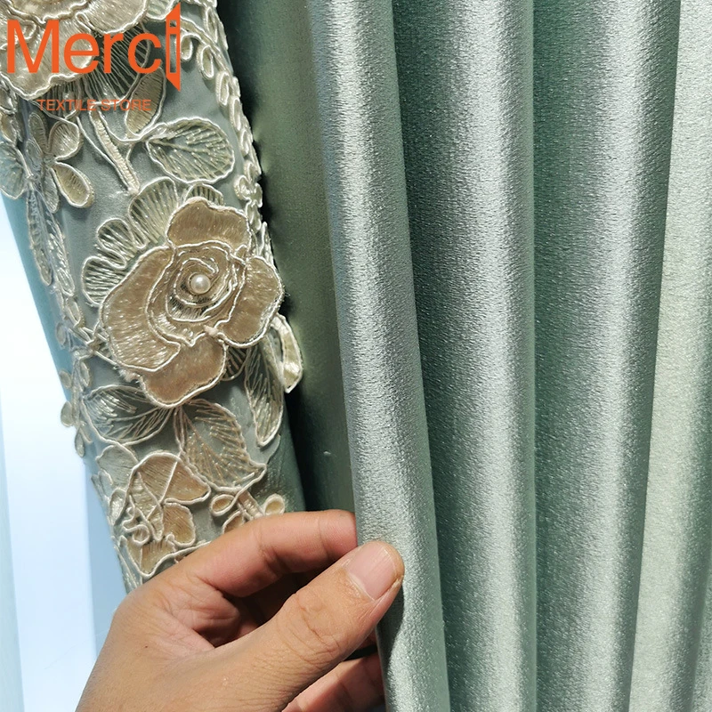 

French Luxury Green Embossed Three-dimensional Flower Curtains for Living Dining Room Bedroom European Simple Tulle Custom