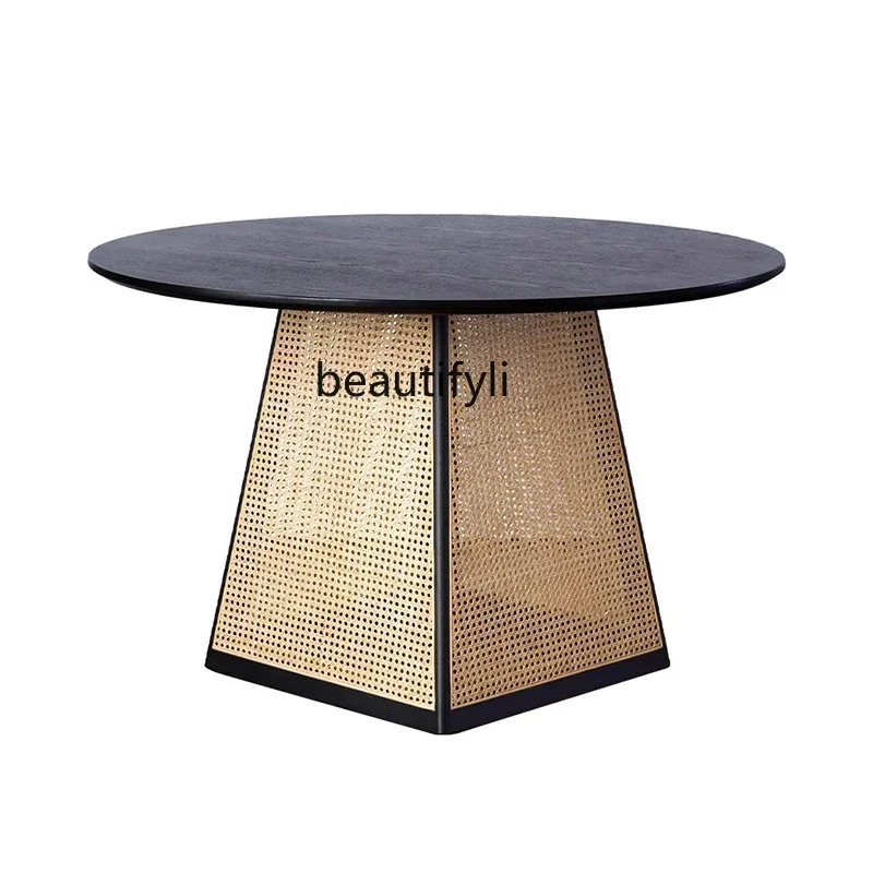 Q181  Nordic Solid Wood Rattan Master Design Characteristic Dining Table American Retro Country Home round Table Dining Table