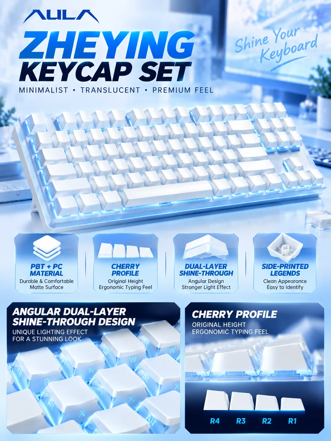 AULA White Zheying Keycap Set PBT PC Cherry Profile Side Print Dual Layer Shine Through MX Stem Gaming Keyboard