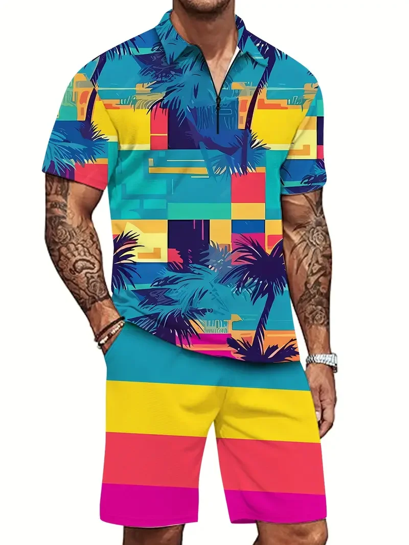 Color Block 3d Printed 2-piece Zip-up Lapel Polo Shirt Short Sleeve And Shorts Stylish Casual Suit Hawaiian Style Sportwear