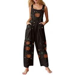 Women Halloween Theme Printed Rompers Classic Comfy Loose Straight Overalls Jumpsuits Daily Regular Button Bib Pant Rompers