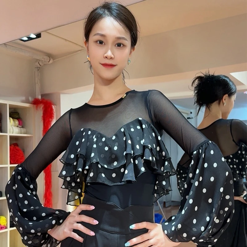 

Ballroom Dance Leotards Women Mesh Splicing Polka Dot Tops Adult Latin Waltz Dance Clothes Practice Performance Dancewear L15762