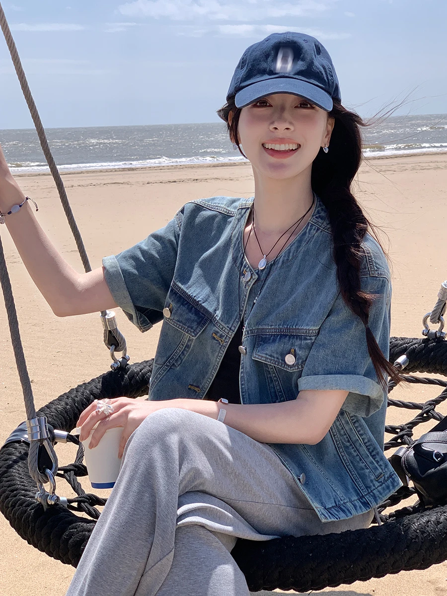 

Summer Poem Cotton Feel Loose Fit round Ne Heavy Du Denim ort Jaet Women's Enzyme Stone Waed Vintage Casual ort S...