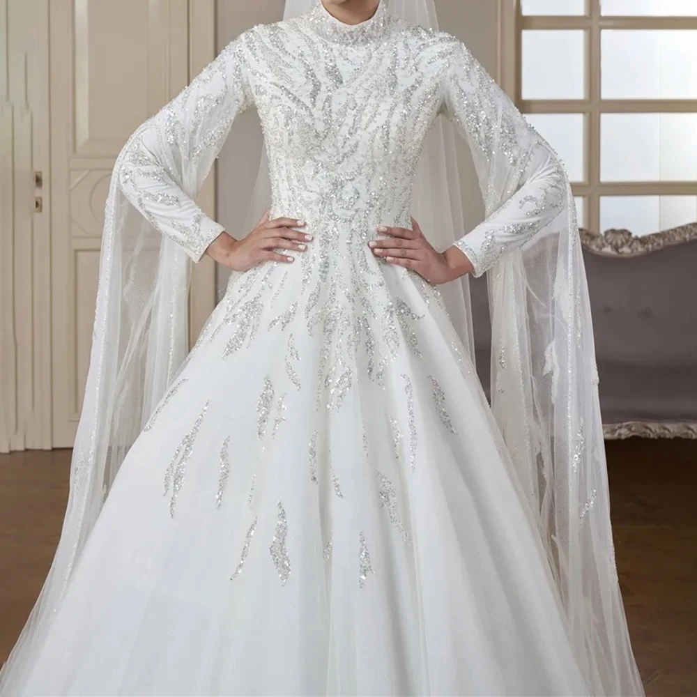 

Muslim Wedding Dress For Women Arabic Dubai High Neck Sparkle Sequins Beading Luxury Bridal Gown vestidos de novia Customized