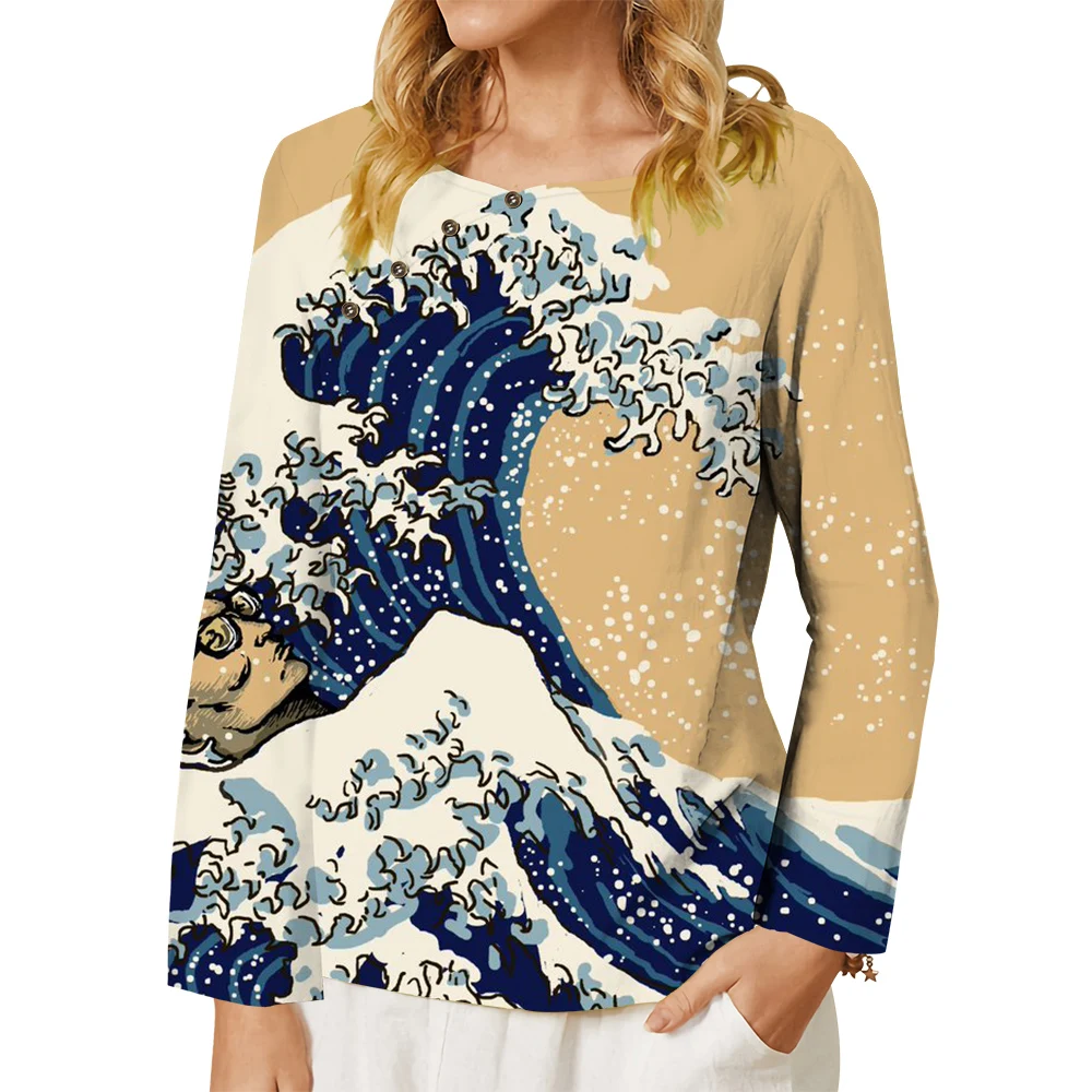 

CLOOCL Ukiyo-e женская футболка с японскими волнами, картина гере, 3D принт, пуговицы, украшение, футболка с круглым вырезом и длинными рукавами, большие топы