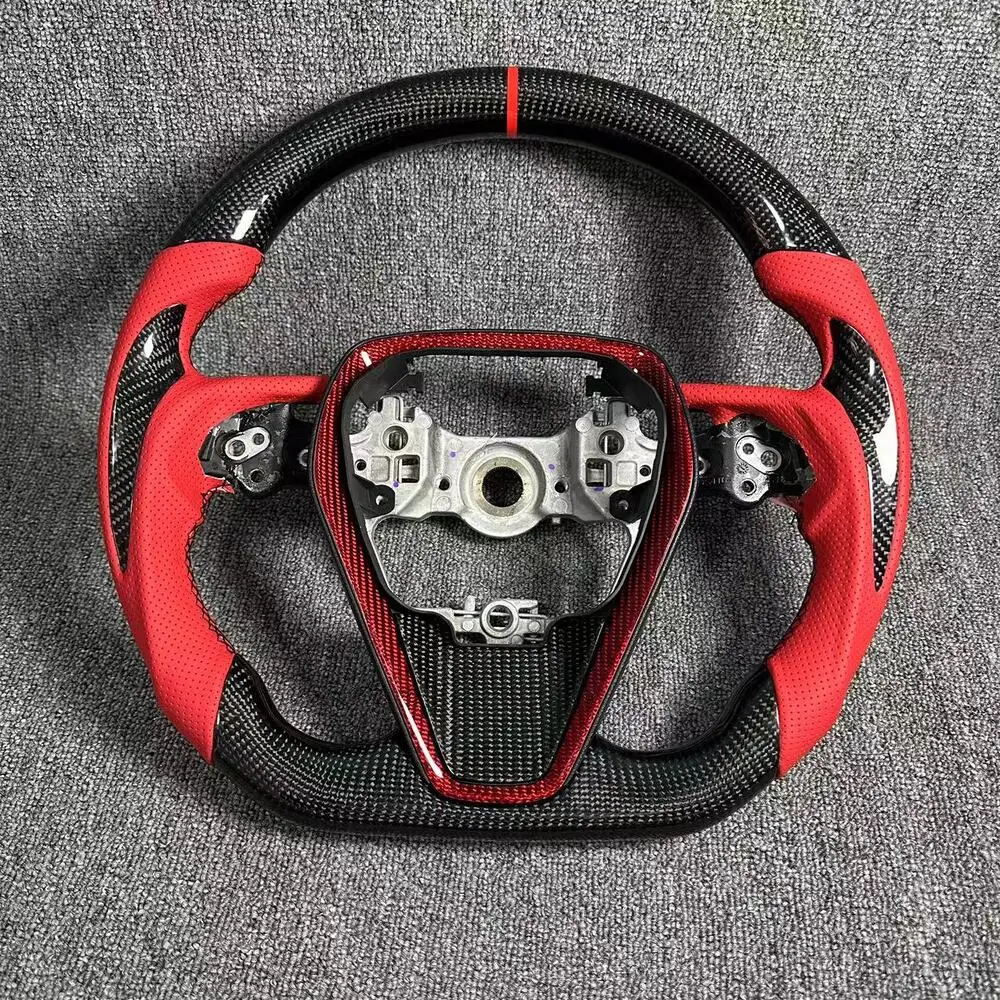 عجلة قيادة من الجلد الأحمر من ألياف الكربون الحقيقية لسيارة تويوتا كامري كورولا RAV4 18-23