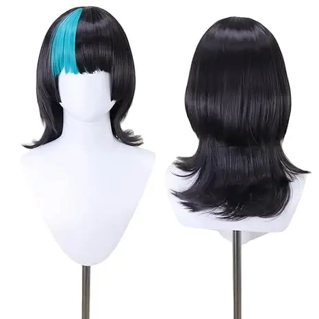 Anime Kirara Hoshi Wig Blue and Black Medium Curly Hair with Bangs Party Halloween Cosplay Props Accessory
