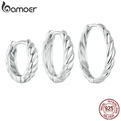 BAMOER orecchini Huggie in argento Sterling 925 con corda intrecciata, orecchini a cerchio ipoallergenici rotondi leggeri placcati in oro bianco